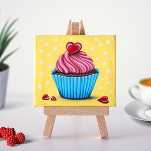 Mini canvas Cupcake painting, Cute art Mothers day gift, Dessert original acrylic small food painting, Miniature art Small shelf decor
