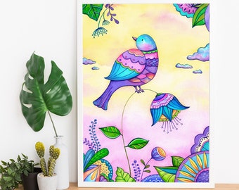 May include: A colorful watercolor painting of a bird perched on a flower. The bird is blue, purple, and pink, and the flower is blue and purple. The background is a yellow and pink gradient.