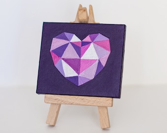 Original mini canvas heart painting Mothers day gift for her Geometric modern heart art Abstract purple small art Miniature Love painting