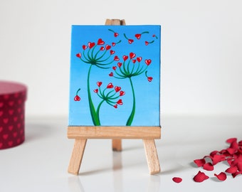 Mini canvas Original acrylic painting, Valentines Mothers day Wedding gift, Miniature painting, Heart flower, Small floral art home decor