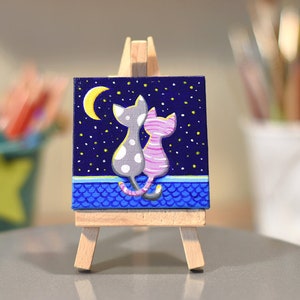 Cute Love cats and moon small canvas original painting, Small art gift, Love gift Mini canvas art Miniature painting, Mothers day gift