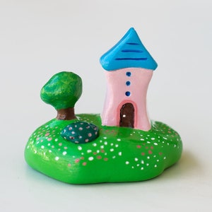 Miniature clay fairy house with tree, Handmade cute mini building sculpture, Small clay house, Mothers day gift, Little house shelf decor