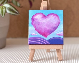 Original miniature acrylic heart painting on canvas, Mini heart painting, Mothers day gift, Pink heart cloud landscape Small art, Mum gift