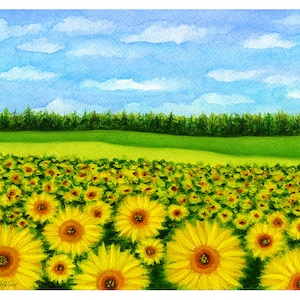 Dipinto ad acquerello di girasoli ORIGINALE, regalo per la festa della mamma, decorazione da parete con paesaggio floreale primaverile, illustrazione di paesaggio con fiori gialli