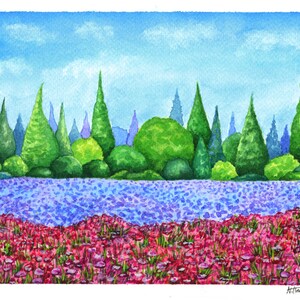 Acquerello ORIGINALE Pittura paesaggistica, Illustrazione di campagna Home Decor, Regalo festa della mamma, Papaveri Campi Fiori Prato Natura Parete Arte