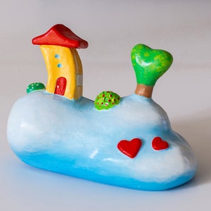 Miniature ceramic house, Cloud Heart tree, Valentine's day gift for her, Cute mini house sculpture, Small Kids room nursery decor, mom gift