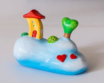 Miniatuur keramisch huis, Cloud Heart tree, Moederdag Liefde cadeau voor haar, Schattig mini huis sculptuur, Kleine Kinderkamer kinderkamer decor, moeder cadeau