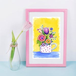 Ramo de flores ORIGINAL en taza, pintura de acuarela, linda ilustración floral, pequeño regalo de arte de pared para mamá, decoración de pared de primavera, regalo de boda