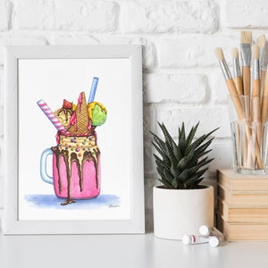 Milkshake dessert ORIGINAL watercolor painting, Strawberry Ice cream Candies Sweet Chocolate Food illustration, Kitchen Cafe wall art decor image 4