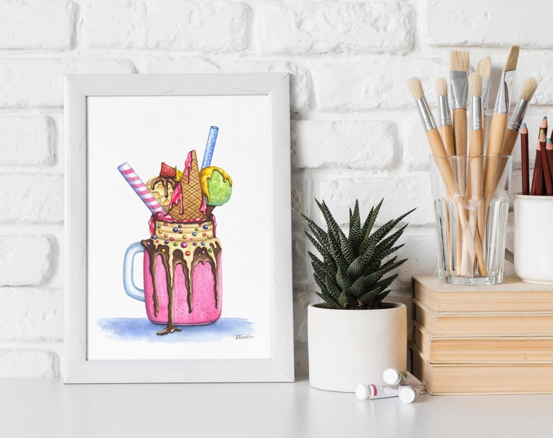 Milkshake dessert ORIGINAL watercolor painting, Strawberry Ice cream Candies Sweet Chocolate Food illustration, Kitchen Cafe wall art decor image 4