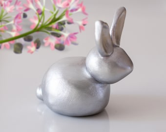 Clay rabbit decor, Silver bunny ring holder, Cute small silver animal figurine Gift, Handmade modern sculpture, Easter decorative miniature