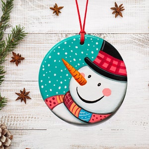 Snowman Hand painted clay Christmas ornament, Xmas Holiday decor, Xmas gift, Cute Snowman small painting, Christmas tree hanging decoration
