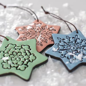 Christmas stars ornaments Set of 3, Xmas clay Stars gift tags, Pastel colors Rustic Handmade holiday decor, Xmas tree hanging decoration