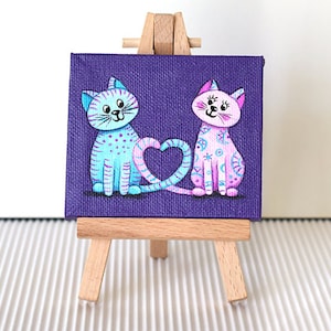 Original Mini canvas painting, Valentines day gift for her, Cute Love Cats Miniature Acrylic painting, Animals couple shelf decor, Cat love