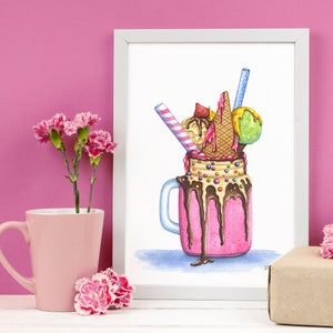 Milkshake dessert ORIGINAL pittura ad acquerello, Gelato alla fragola Caramelle Cioccolato dolce Cibo illustrazione, Kitchen Cafe wall art decor