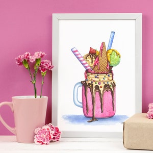 Milkshake dessert ORIGINAL watercolor painting, Strawberry Ice cream Candies Sweet Chocolate Food illustration, Kitchen Cafe wall art decor image 1