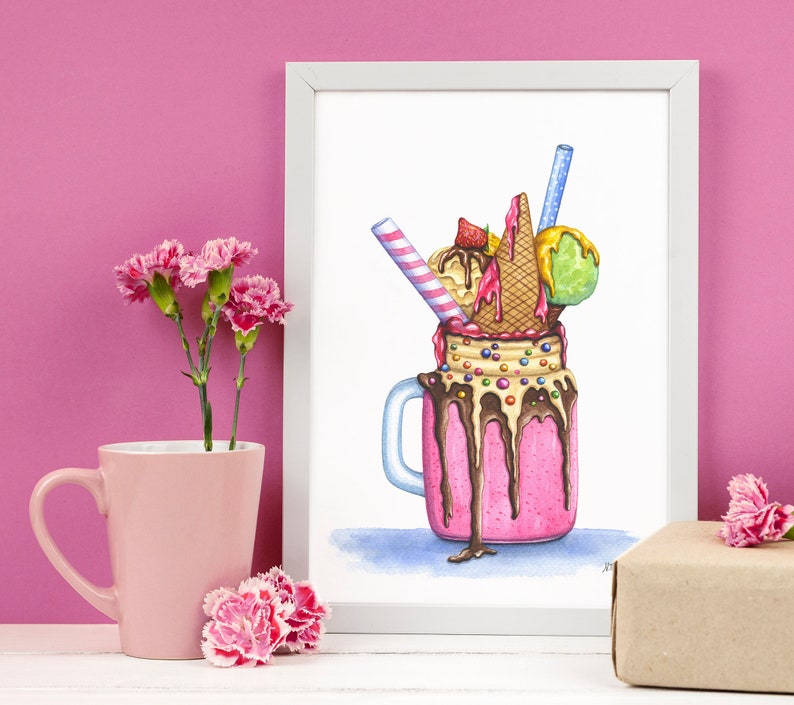 Milkshake dessert ORIGINAL watercolor painting, Strawberry Ice cream Candies Sweet Chocolate Food illustration, Kitchen Cafe wall art decor image 1