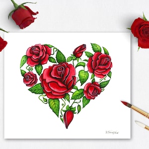 ORIGINAL watercolor painting, Housewarming art gift, Valentine&#39;s day gift, Red roses heart Floral Wall decor Anniversary Wedding gift