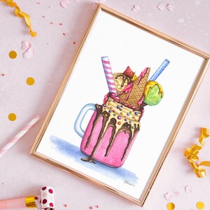 Milkshake dessert ORIGINAL watercolor painting, Strawberry Ice cream Candies Sweet Chocolate Food illustration, Kitchen Cafe wall art decor image 3