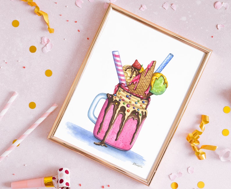 Milkshake dessert ORIGINAL watercolor painting, Strawberry Ice cream Candies Sweet Chocolate Food illustration, Kitchen Cafe wall art decor image 3