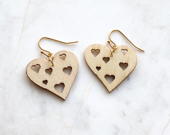 Wooden hearts earrings, Mothers day gift for her, Laser cut jewelry, Cute Heart shaped dangle drop ecological Lightweight earrings, Mum gift