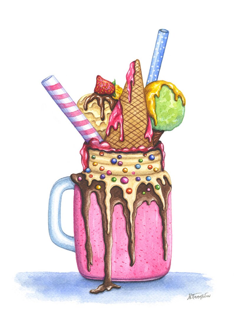 Milkshake dessert ORIGINAL watercolor painting, Strawberry Ice cream Candies Sweet Chocolate Food illustration, Kitchen Cafe wall art decor image 2