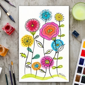 Pintura floral original em aquarela, presente para o dia das mães, pequena obra de arte moderna, arte pintada à mão com flores abstratas, pintura de flores coloridas