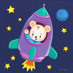 Arte de pared original para habitación de bebé, pintura en lienzo para habitación de niños, lindo oso astronauta en cohete espacial, pintura de animales para habitación de niños, regalo para recién nacido