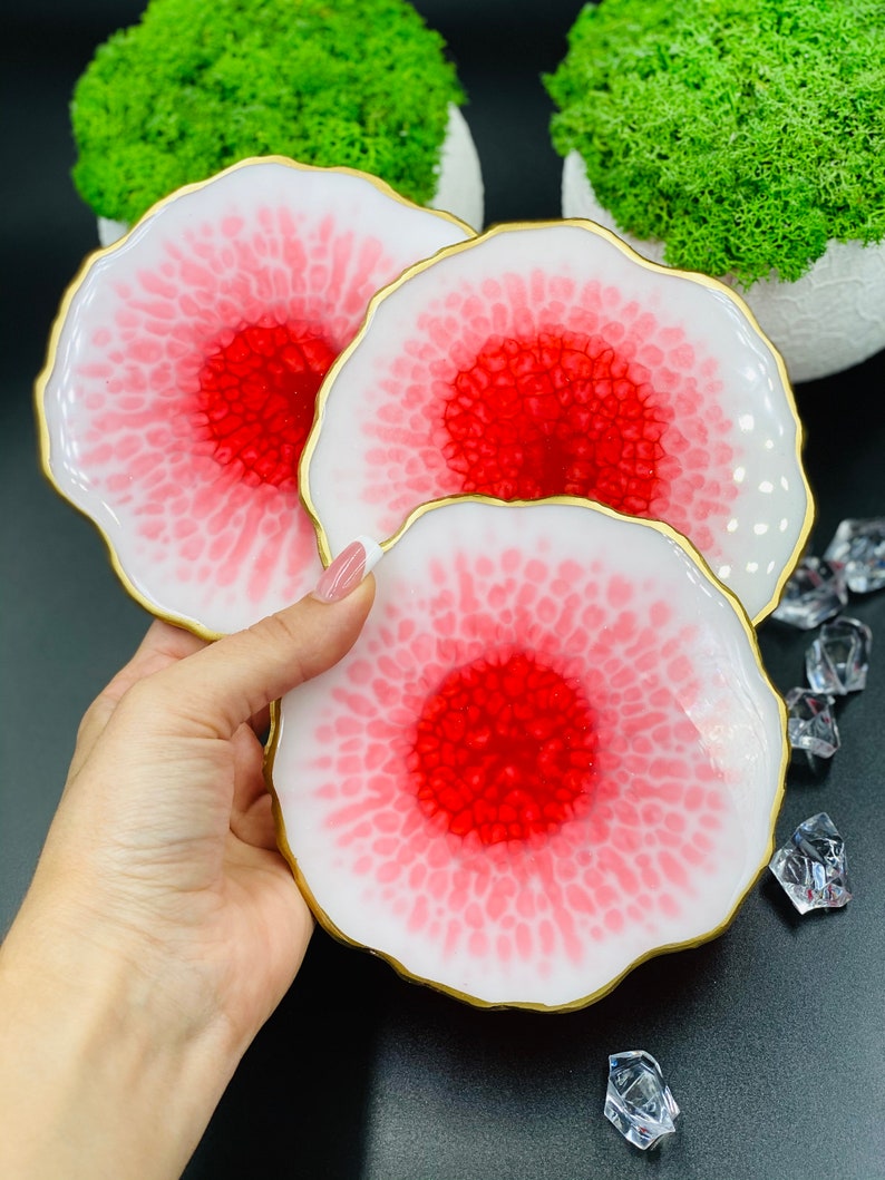 Resin Coaster Kit Resin Coasters Resin Coasters Red Geode Coasters Wedding Drink Coasters Epoxy Resin Flowers Decor