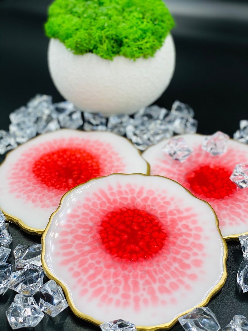 Resin Coaster Kit Resin Coasters Resin Coasters Red Geode Coasters Wedding Drink Coasters Epoxy Resin Flowers Decor