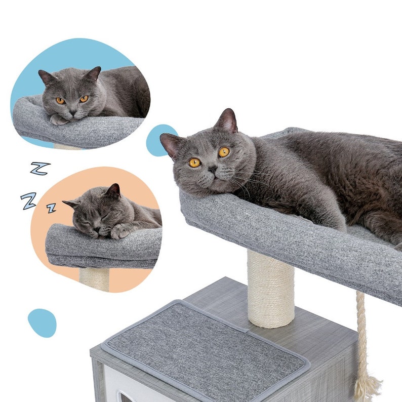 Grey Cat Tree Tower With a Cat Condo Cat Bed and Cat Hammock Etsy