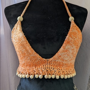 Beaded Fringe Hand Knit Halter Top | Orange Beaded Bikini Top | Festival Bustier | Bra | Bralette