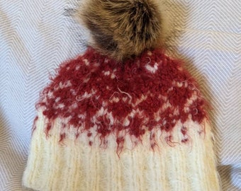 Fluffy red and white beanie | Fair isle knit hat | Hand knit