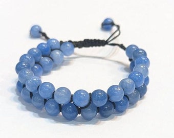 Natural Blue Jade Beaded Bracelet, Macrame Adjustable, Healing Gemstone