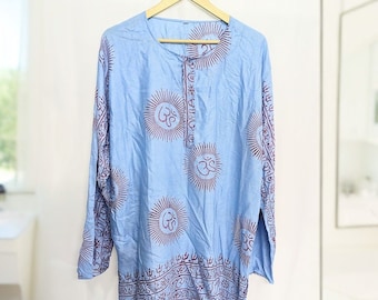 Handmade Rayon Om Shirt, Boho Festival Tunic, Block Printed (X-Large)