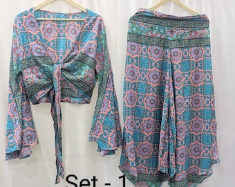 70s 2 Piece Set Bell Sleeve Silk Wrap Top Pants