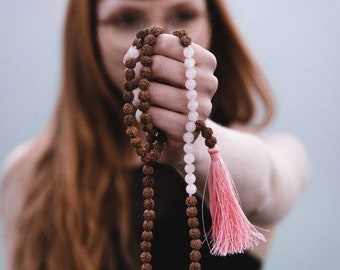 Rose quartz with rudraksha beads , Mala for love energy and strong mental health, Premium quality Mala.