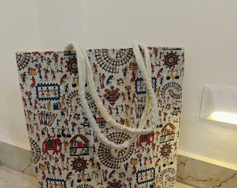 Canvas Tote Bag, Warli Art Folk Handbag, Eco-Friendly Cotton Shoulder Bag