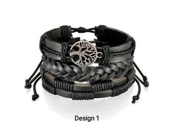 Leather bracelet , tree of life , 4 Layer Set Wrap Braided Black Adjustable Rope , Men's bracelet