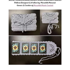 Puede incluir: Un patrón de ganchillo para una funda de cartas de tarot/oráculo Boho. La imagen muestra una funda de ganchillo gris claro con una solapa decorativa y cierre de lazo. El patrón está diseñado y escrito por Meredith Menard.