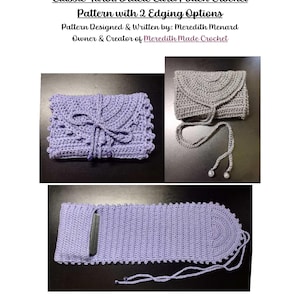 Puede incluir: Un patrón de ganchillo para una bolsa de cartas de tarot u oráculo con dos opciones de borde. La imagen muestra tres ejemplos de la bolsa en diferentes estilos y colores, incluyendo una bolsa lavanda con cierre de lazo y una bolsa gris con cordón.