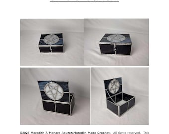 May include: Stained glass pentacle box, 11" x 6" pattern. The box is black with a silver trim and a pentacle design on the lid. The lid is shown open and closed in the images. The text "Stained Glass Pentacle Box" is at the top.