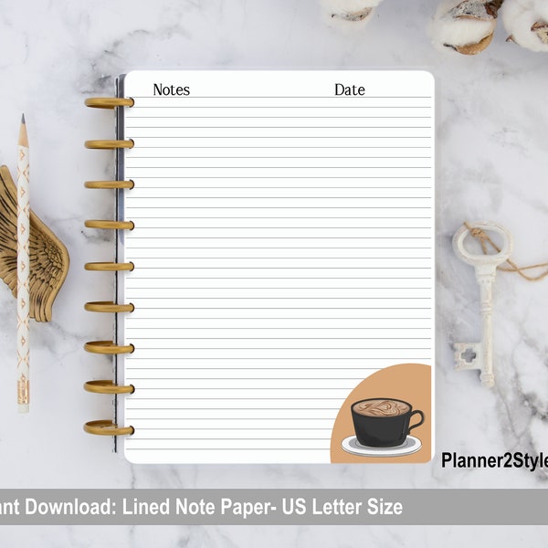 8.5 x 11 Lined Note Paper| Coffee Themed Lined Paper| Planner Inserts| 8 sheet set Printable Lined Paper| Stationery