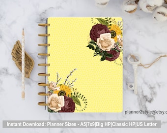 Yellow Burgundy Floral Happy Planner Cover| HP Printable Cover| Floral Planner| Planner Dashboards| Digital Download|Printable Planner Cover