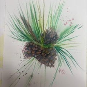 Watercolor art wall decor winter art pine cone art for winter scene for Christmas gift for birthday gift