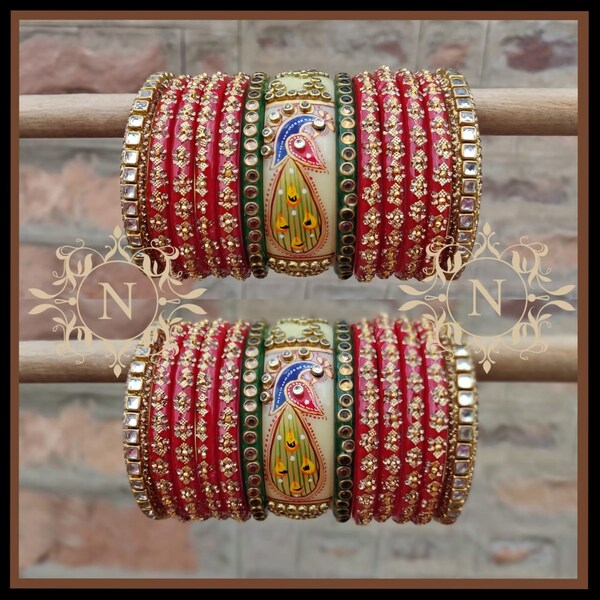 Peinture à la main de créateur et travail Kundan Rajputi Chuda Bracelets de mariage indiens Vêtements de fête Bijoux Chura traditionnels