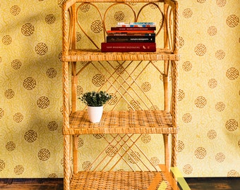 Wicker Storage Shelf, Planter Stand, Book Shelf, Wood Bookcase Cabinet, Rattan Shelf, Rattan Shelving Unit, Vinyl Record Storage