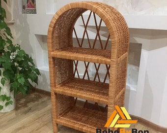 Wicker Shelf with Arch Top and Bottom Closed Shelf, Wicker Shelving Unit 3/4 Tier, Rattan Etagere Book, Wicker Bookshelf, Custom Book Shelf