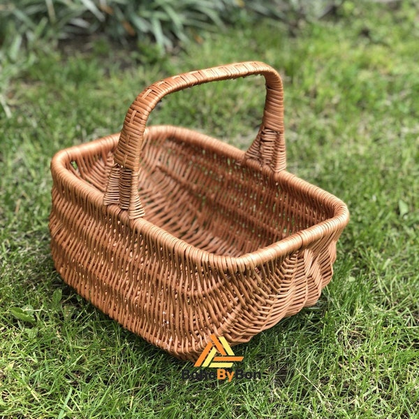 Rectangular Wicker Basket, Handmade Wicker Basket & Handle, Large Rattan Basket, Rectangular Woven Basket, Large Picnic Basket for Camping