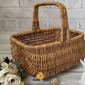 Wicker Shopping Basket, Rectangular Woven Basket with Handle, Willow Market Basket/Picnic, Handwoven Grocery Basket, Large Gathering Basket